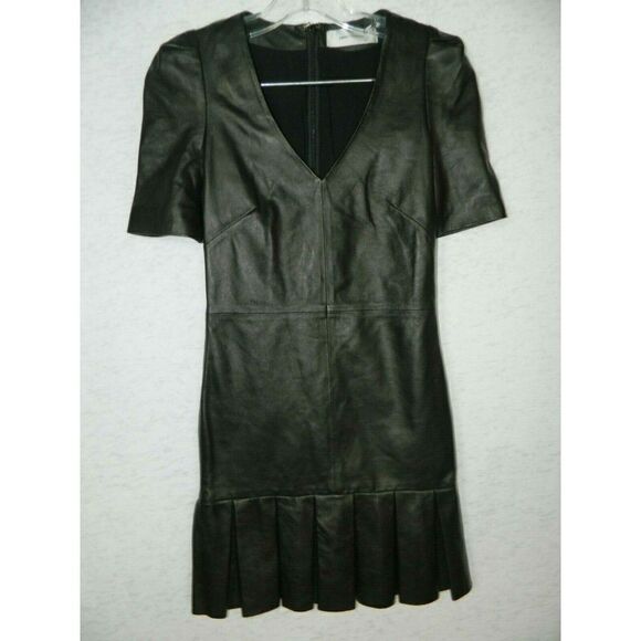 Ash‎ Studio Paris Dress Black Leather Pleated Sz 34 - Picture 1 of 8